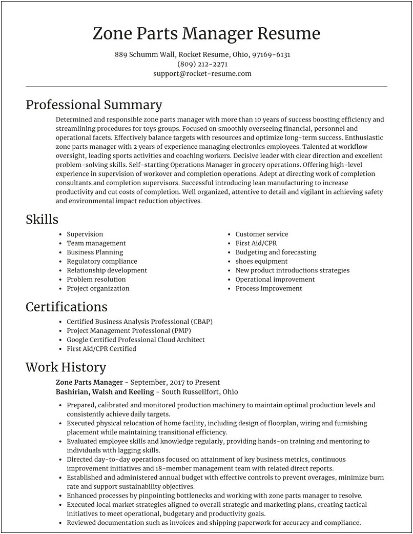 Sample Resume For Auto Parts Manager