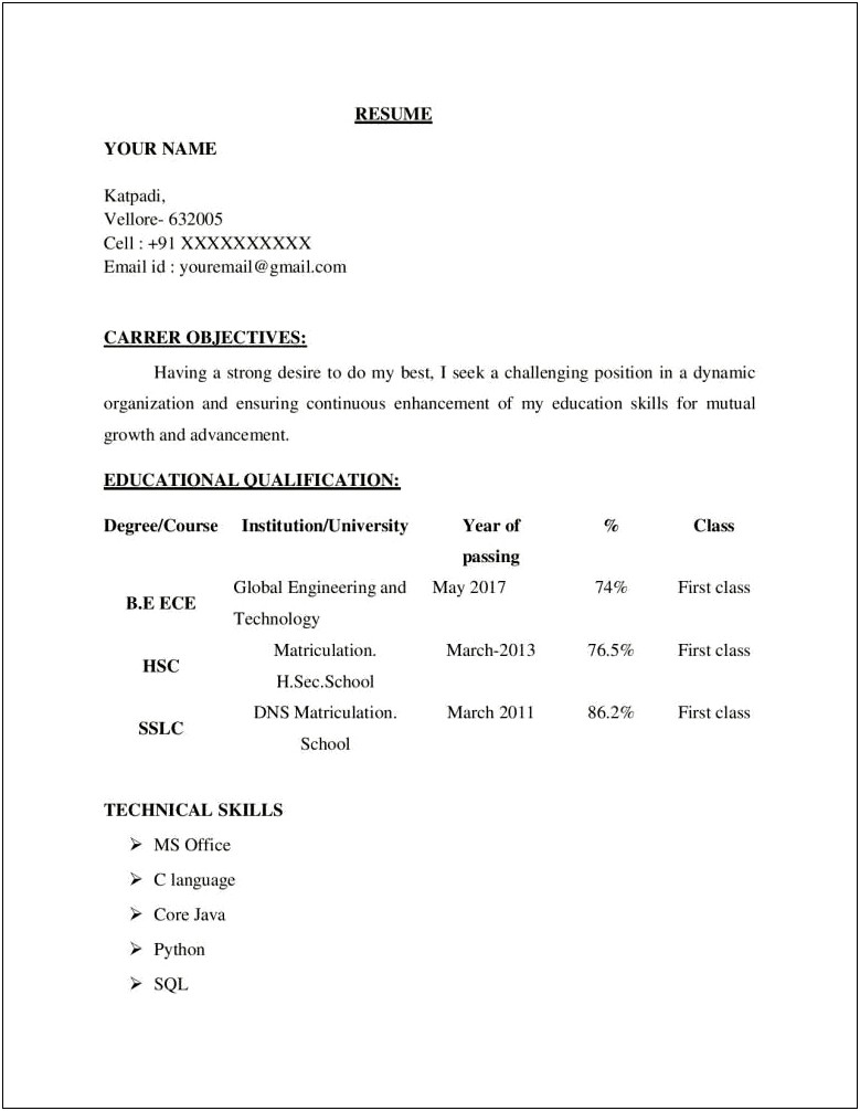Sample Resume For B Tech Cse Students
