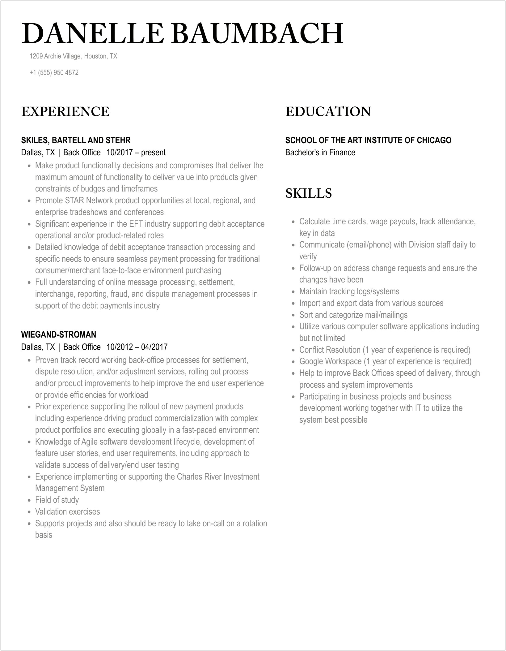 Sample Resume For Bank Back Office Executive