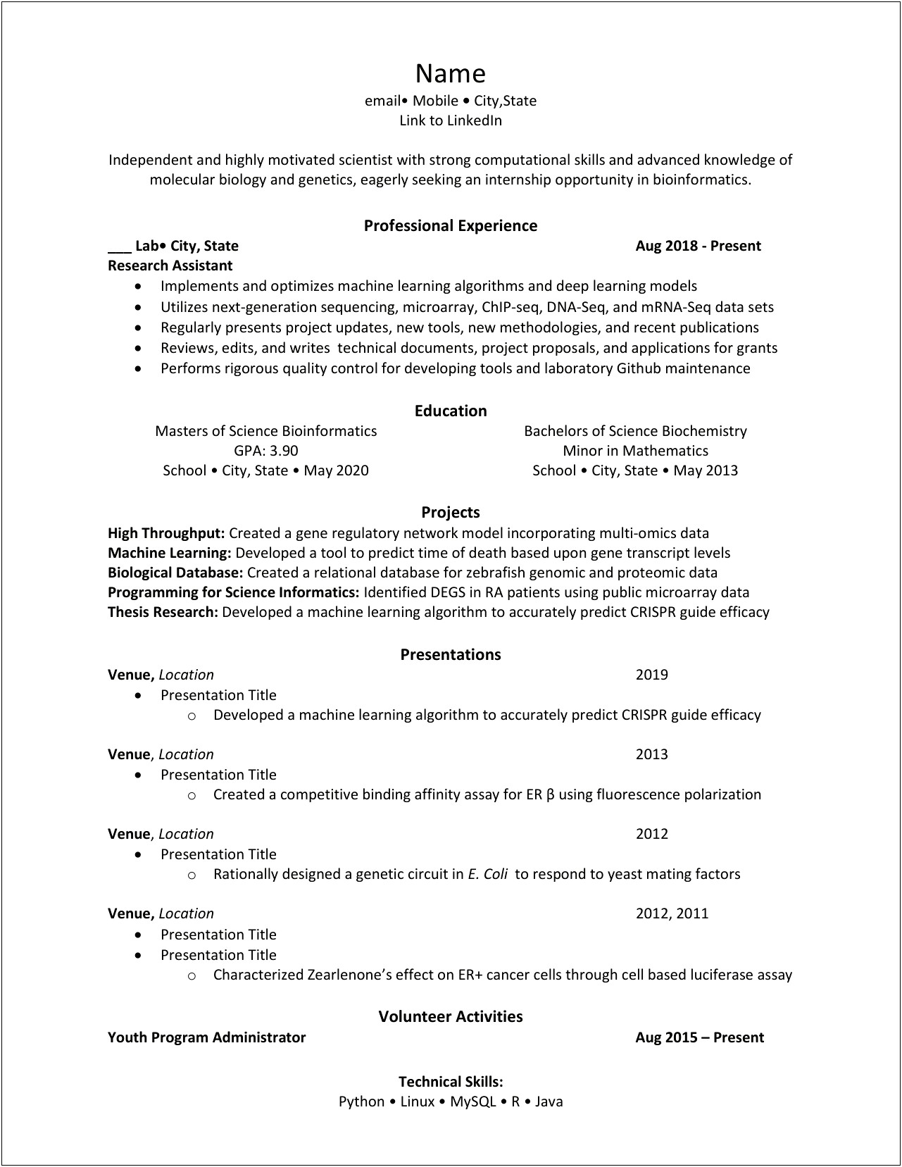 Sample Resume For Bioinformatics College Student