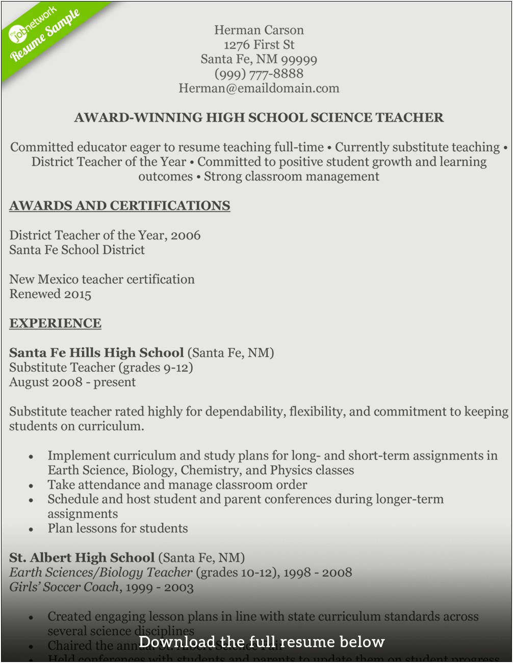 Sample Resume For Biology Teacher India