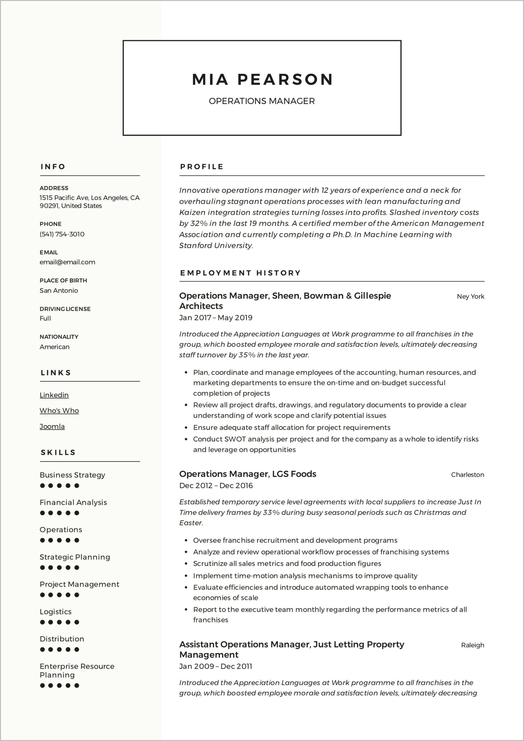 Sample Resume For Branch Operations Manager