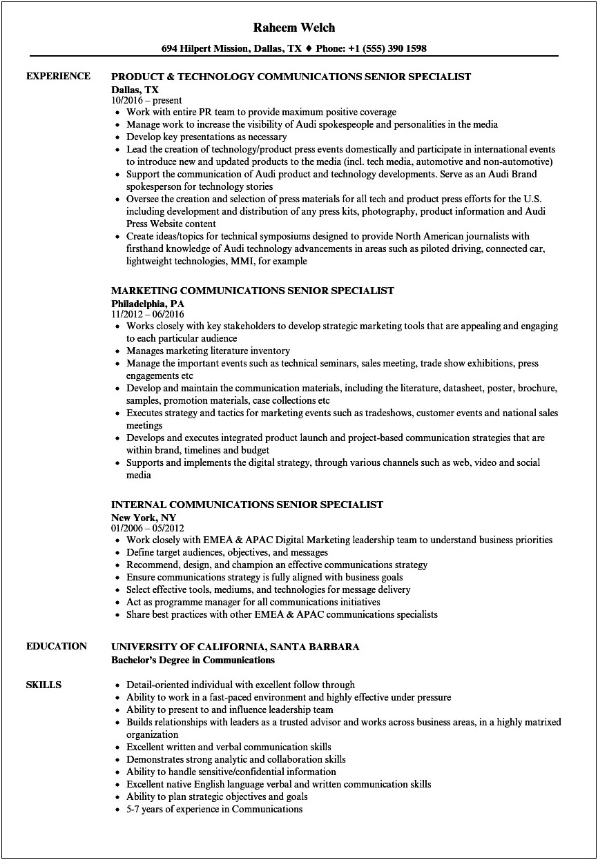 Sample Resume For Brand And Communications Specialist