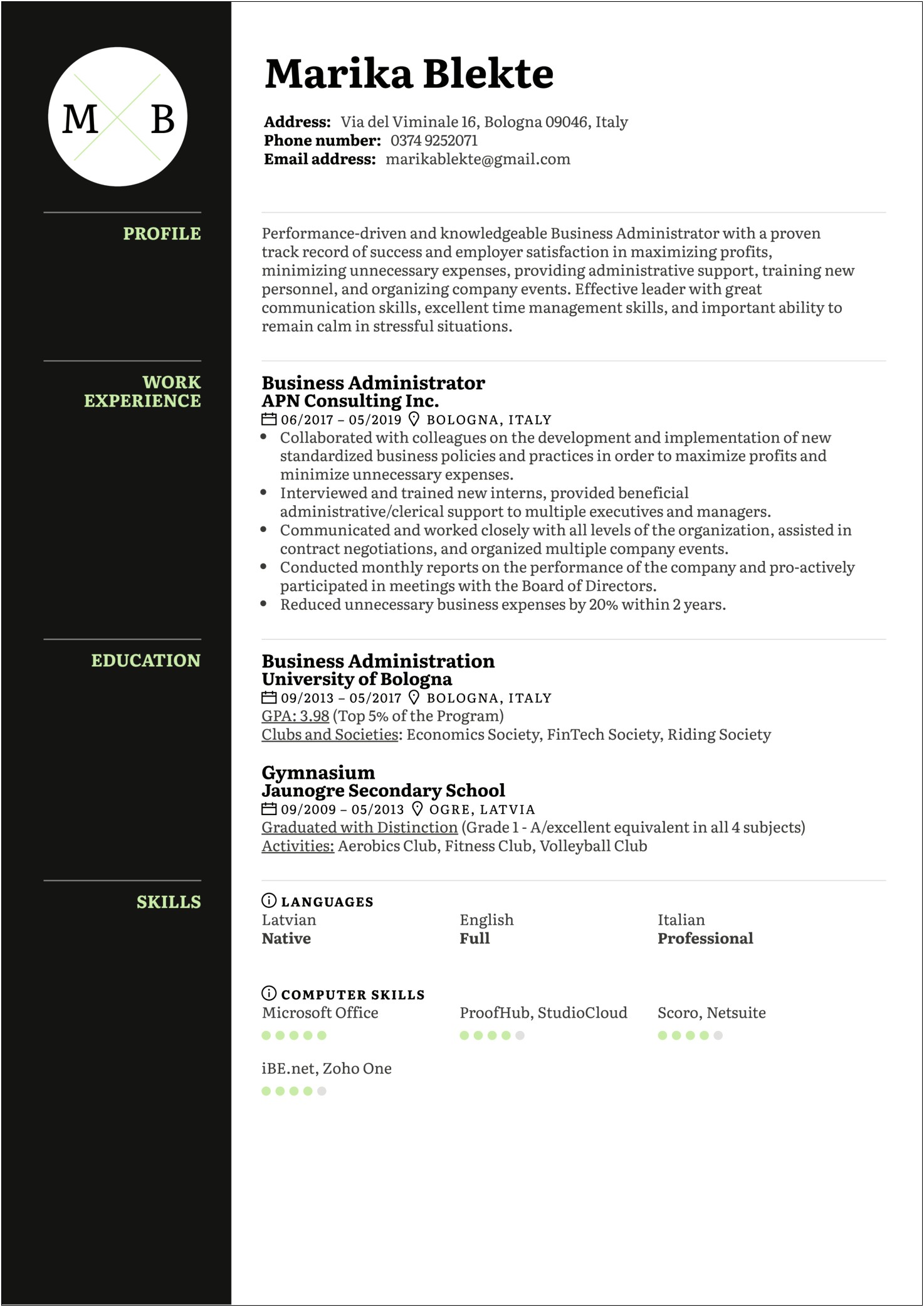 Sample Resume For Business Administration Student