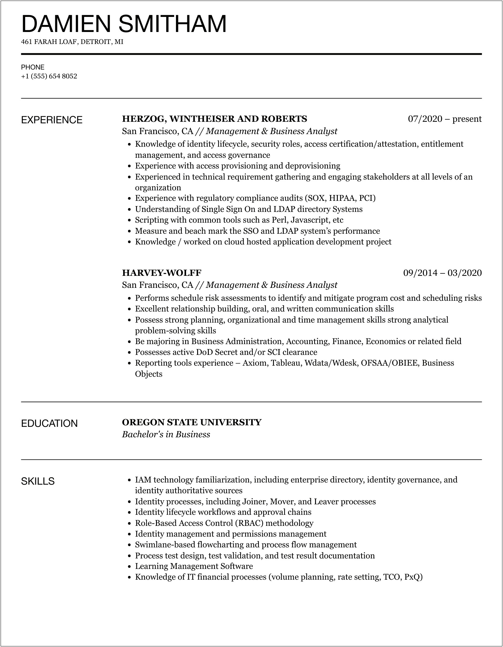 Sample Resume For Business Analyst Access Management