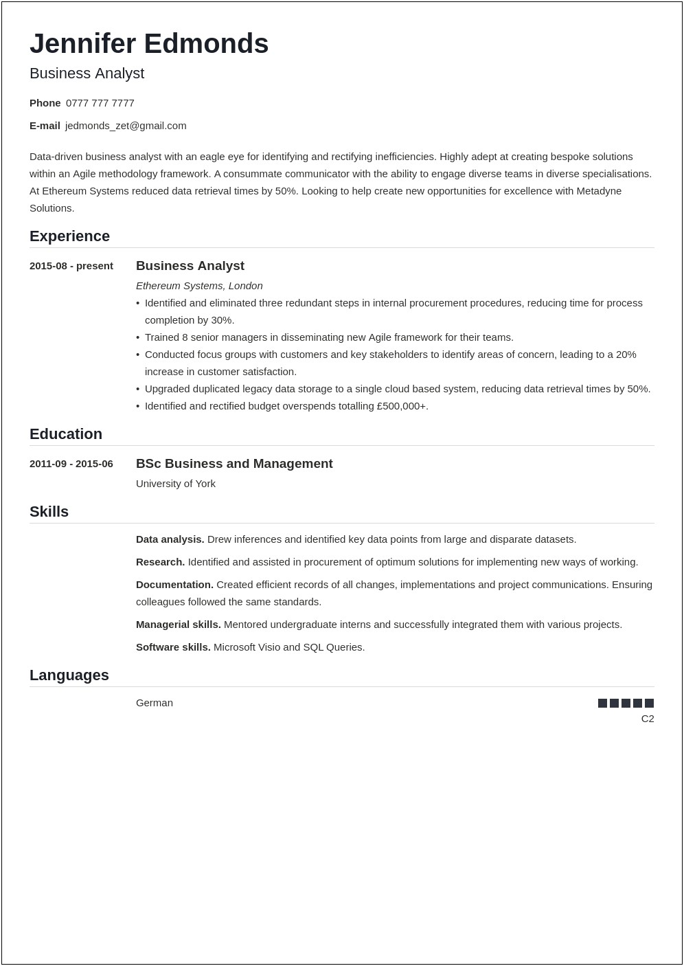 Sample Resume For Business Analyst Job