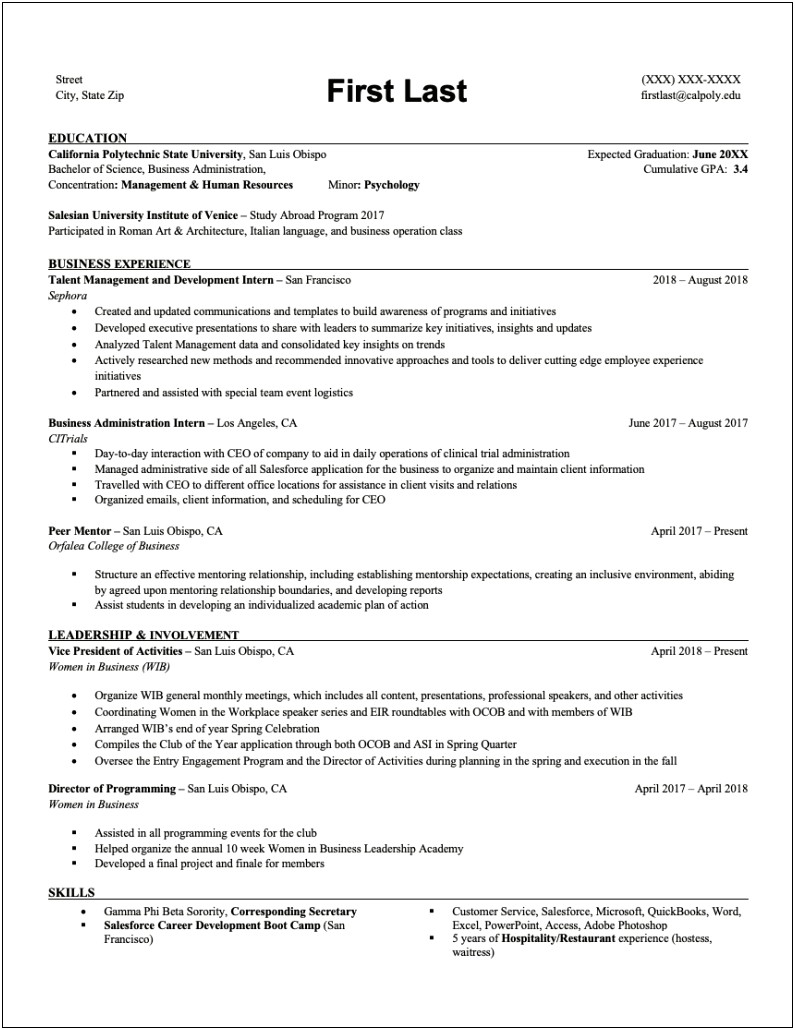 Sample Resume For Business College Student