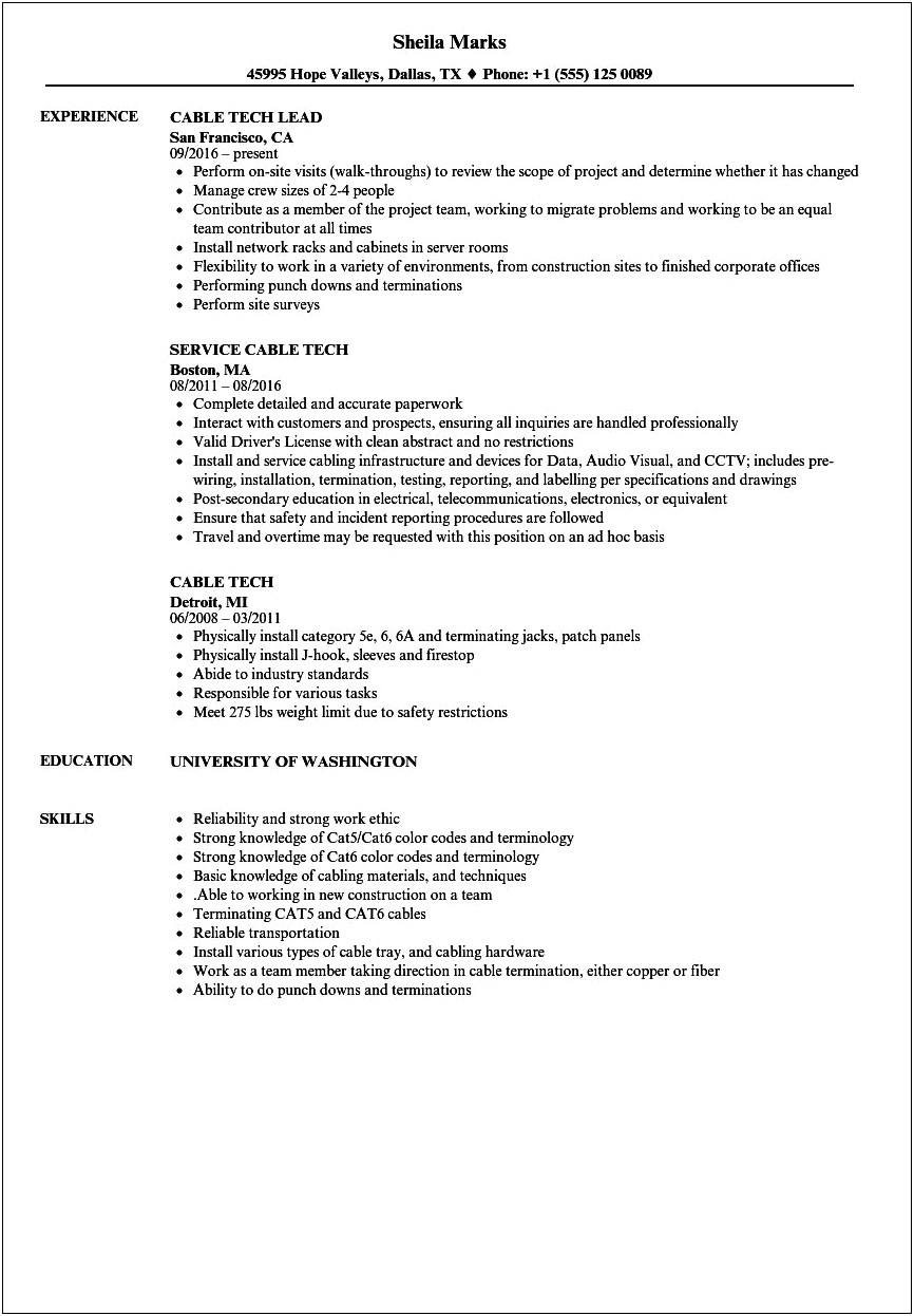Sample Resume For Cable Installation Technician