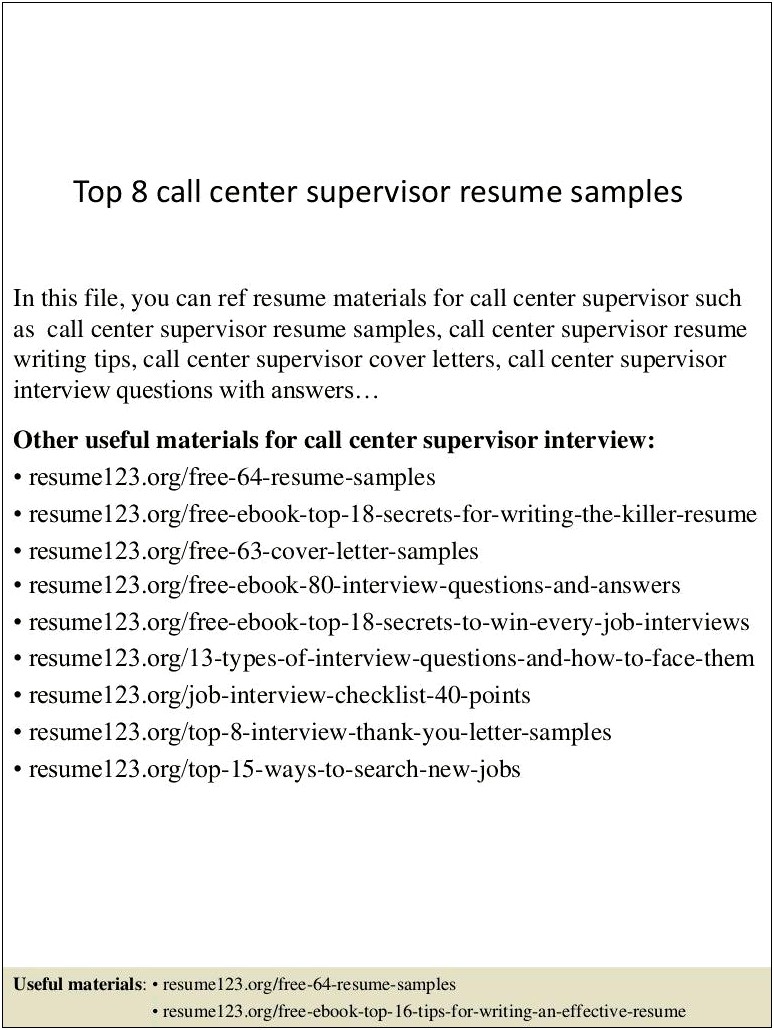 Sample Resume For Call Center Supervisor Position