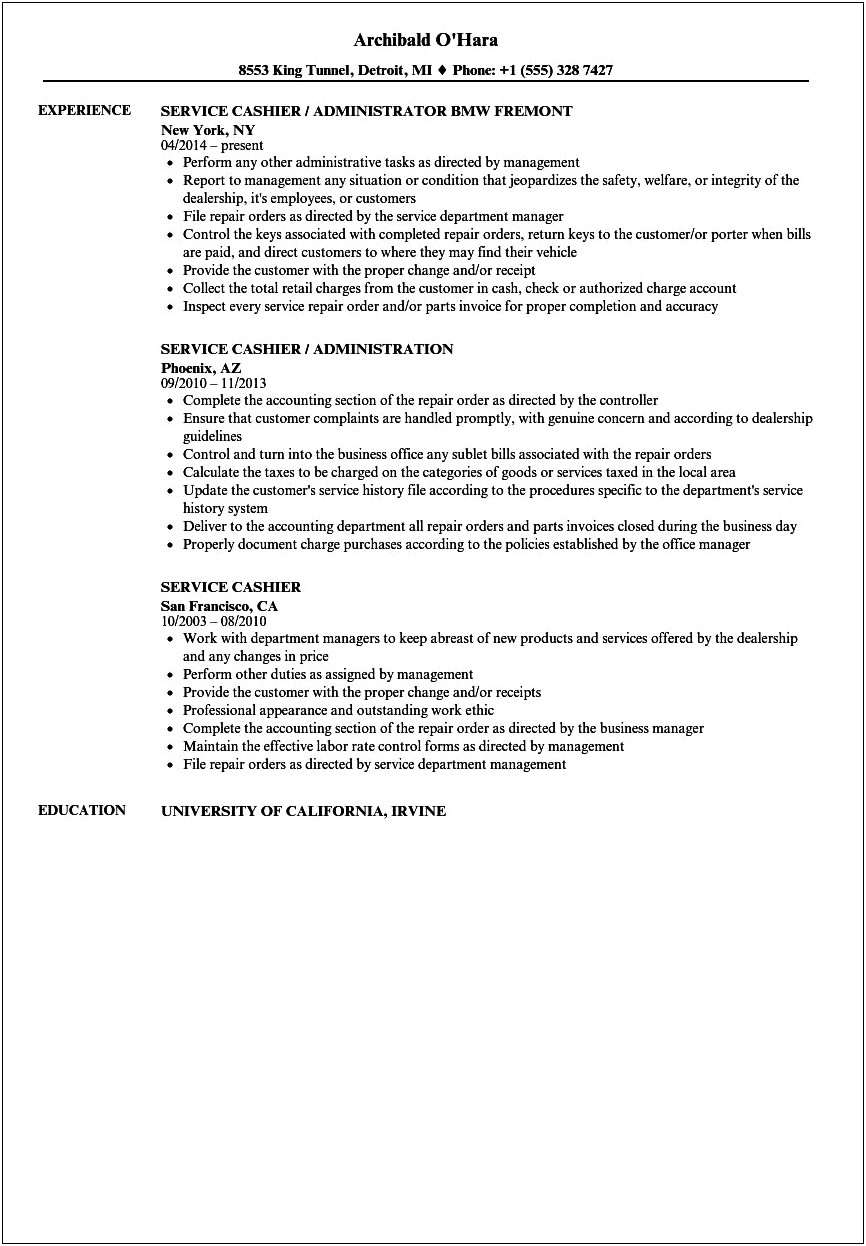 Sample Resume For Cashier Position With No Experience