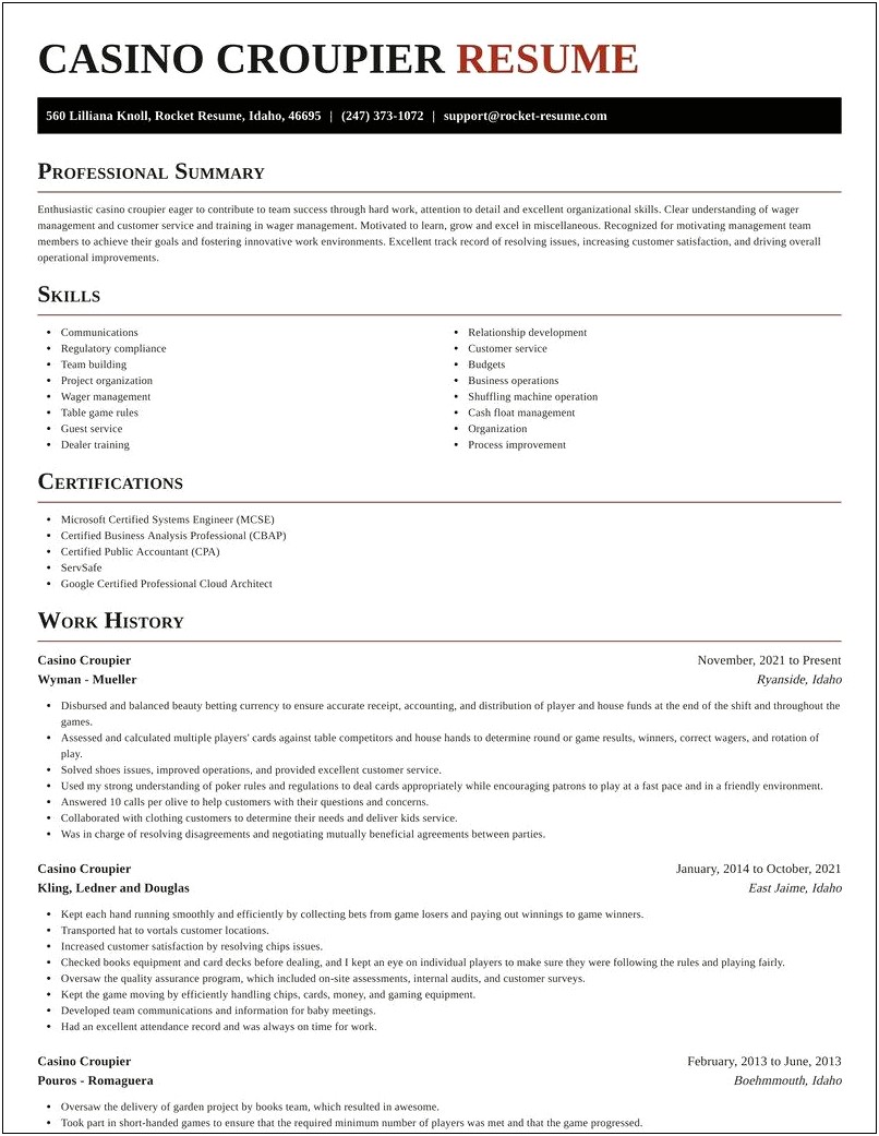 Sample Resume For Casino Pit Supervisor