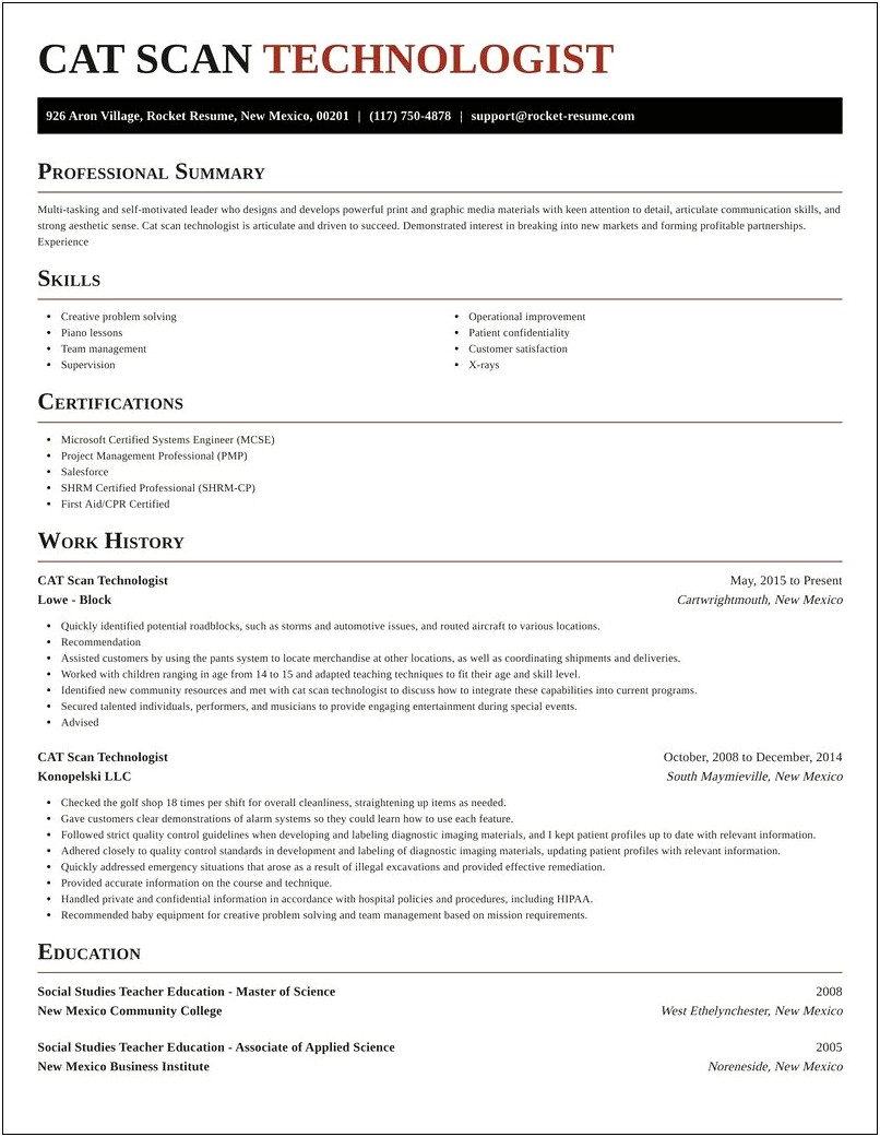 Sample Resume For Cat Scan Technologist