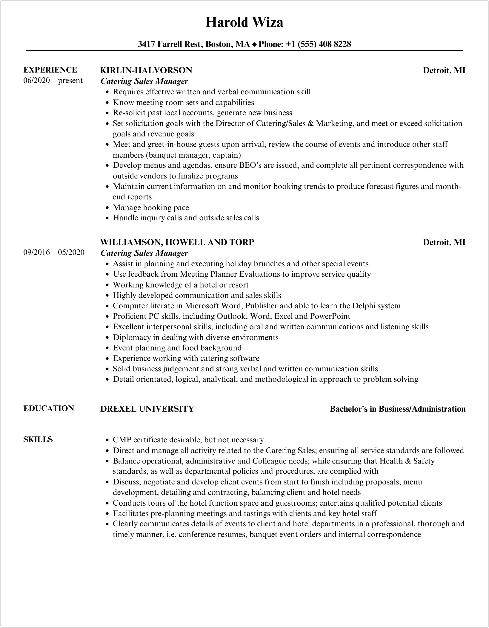 Sample Resume For Catering Sales Manager
