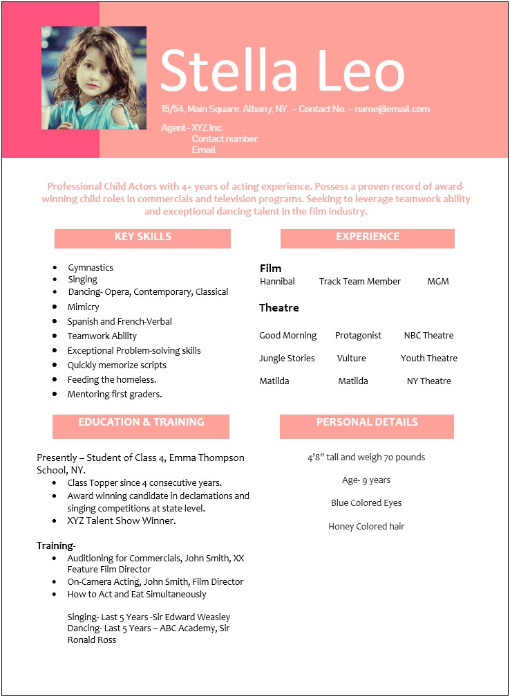 Sample Resume For Child Actor With No Experience