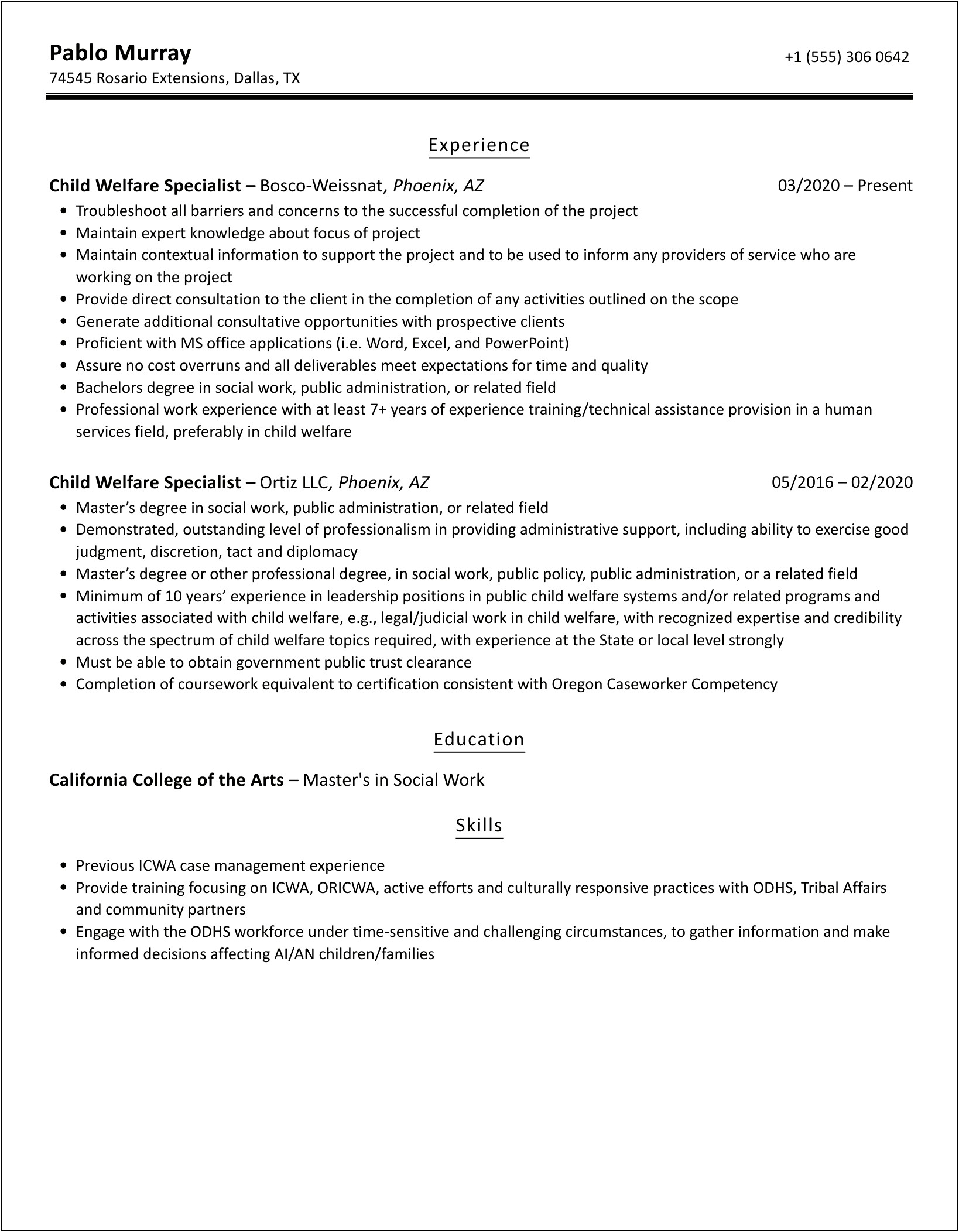 Sample Resume For Child Protection Specialist