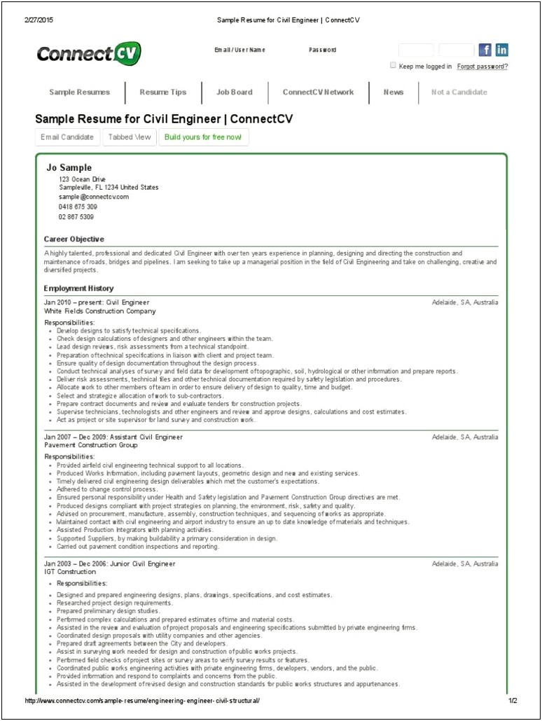 Sample Resume For Civil Engineer Experienced