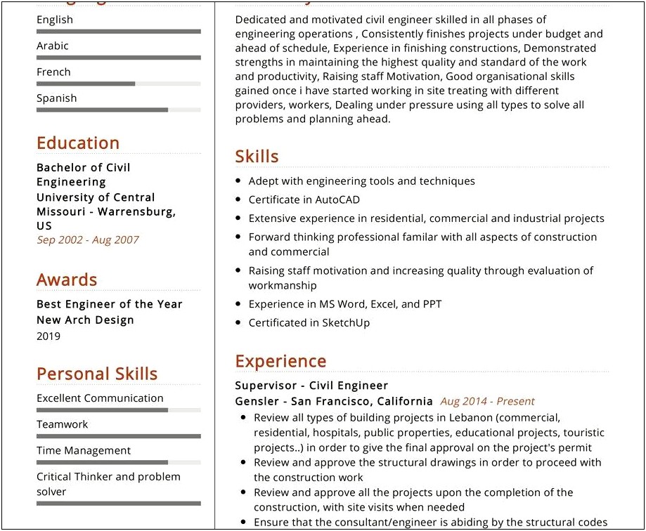 Sample Resume For Civil Engineer Fresher