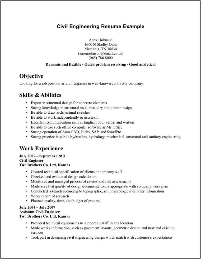 Sample Resume For Civil Engineering Student