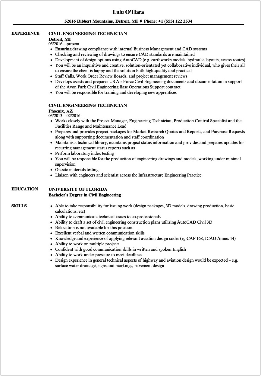 Sample Resume For Civil Field Technician