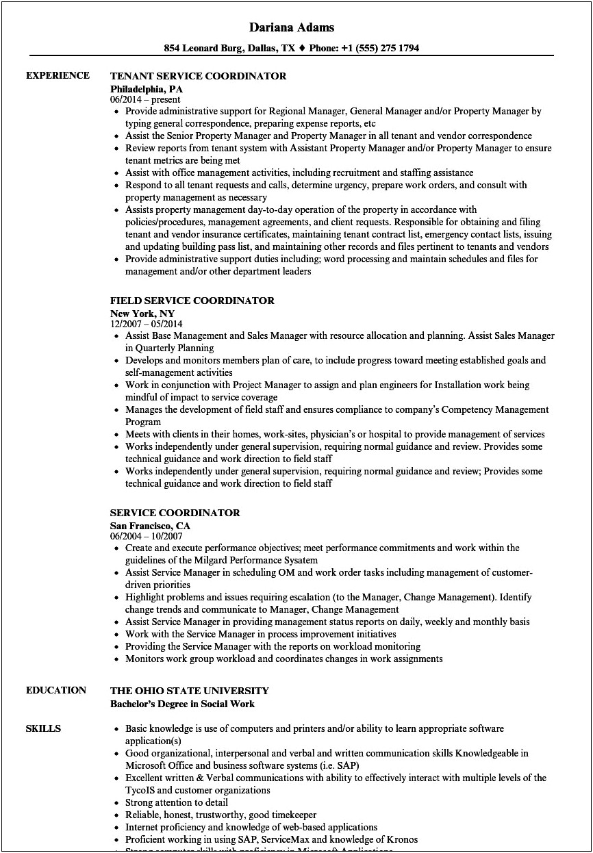 Sample Resume For Client Service Coordinator