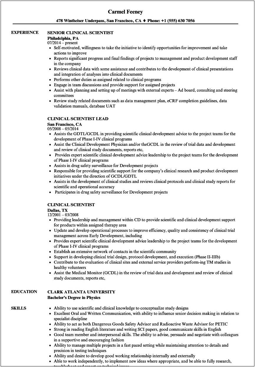 Sample Resume For Clinical Research Scientist
