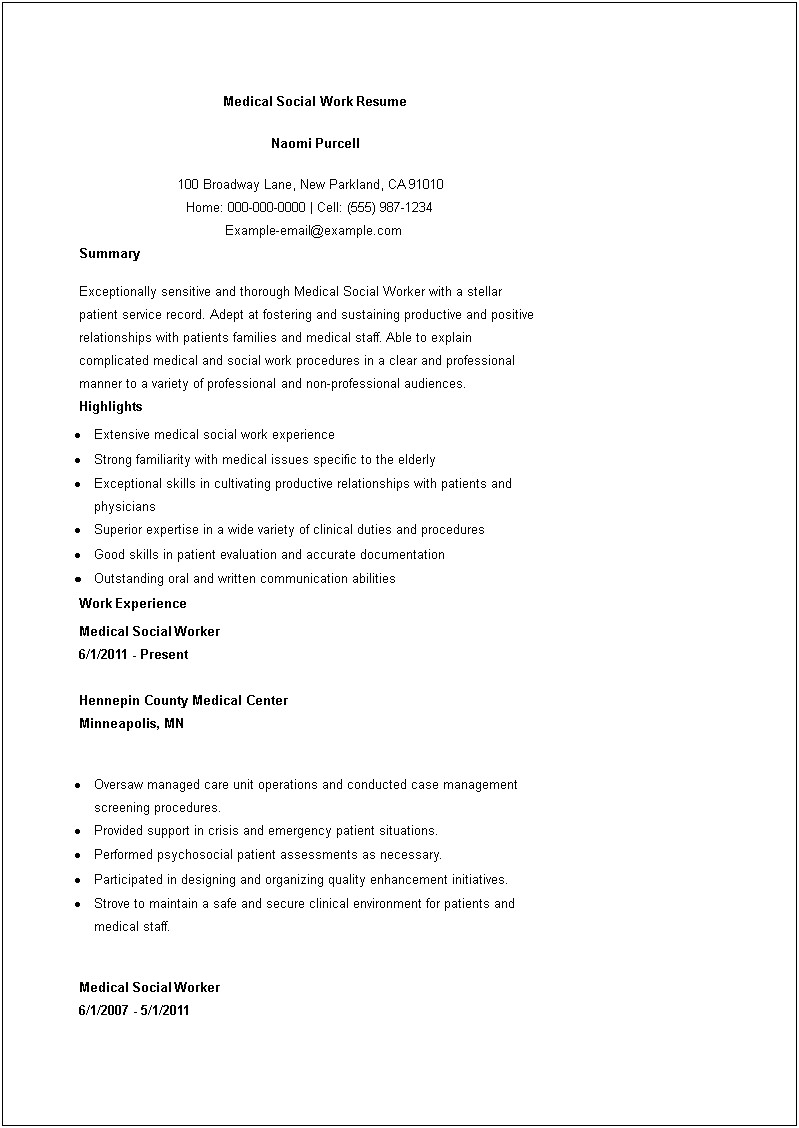 Sample Resume For Clinical Social Worker Supervisor