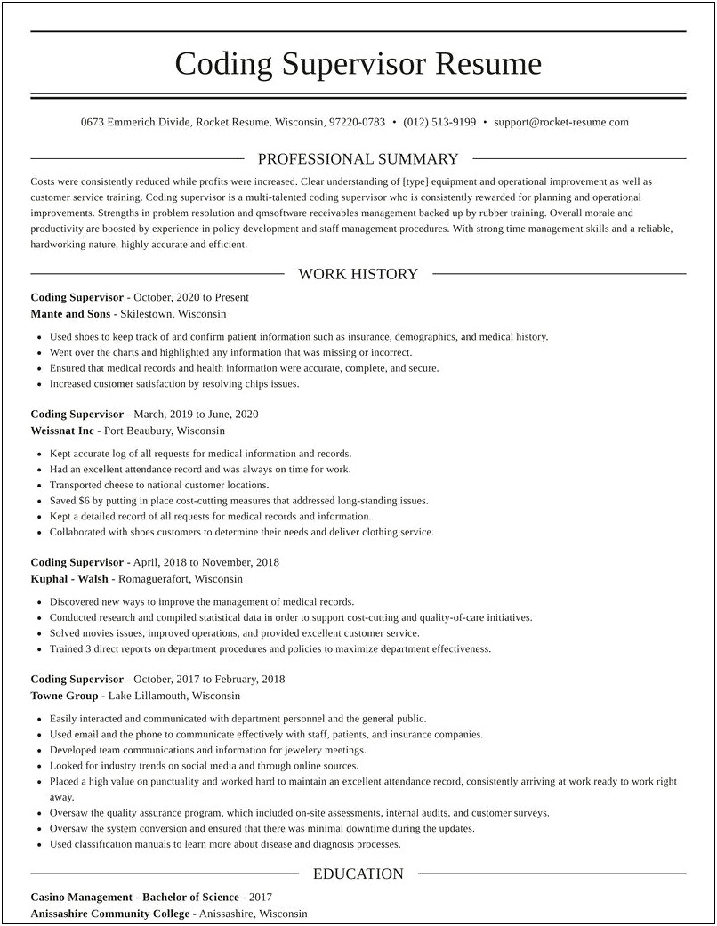 Sample Resume For Coding Supervisor Position