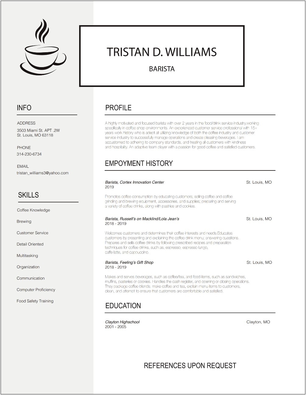 Sample Resume For Coffee Shop Barista