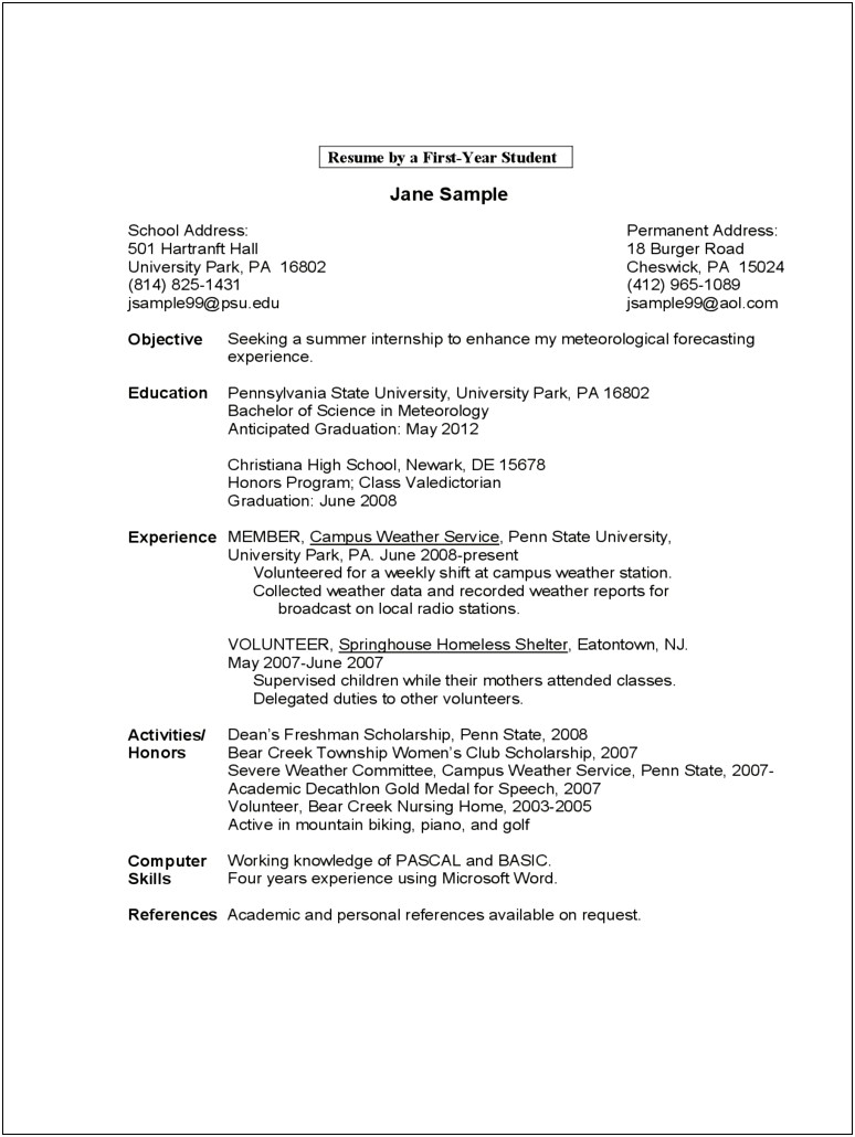 Sample Resume For College Application Template