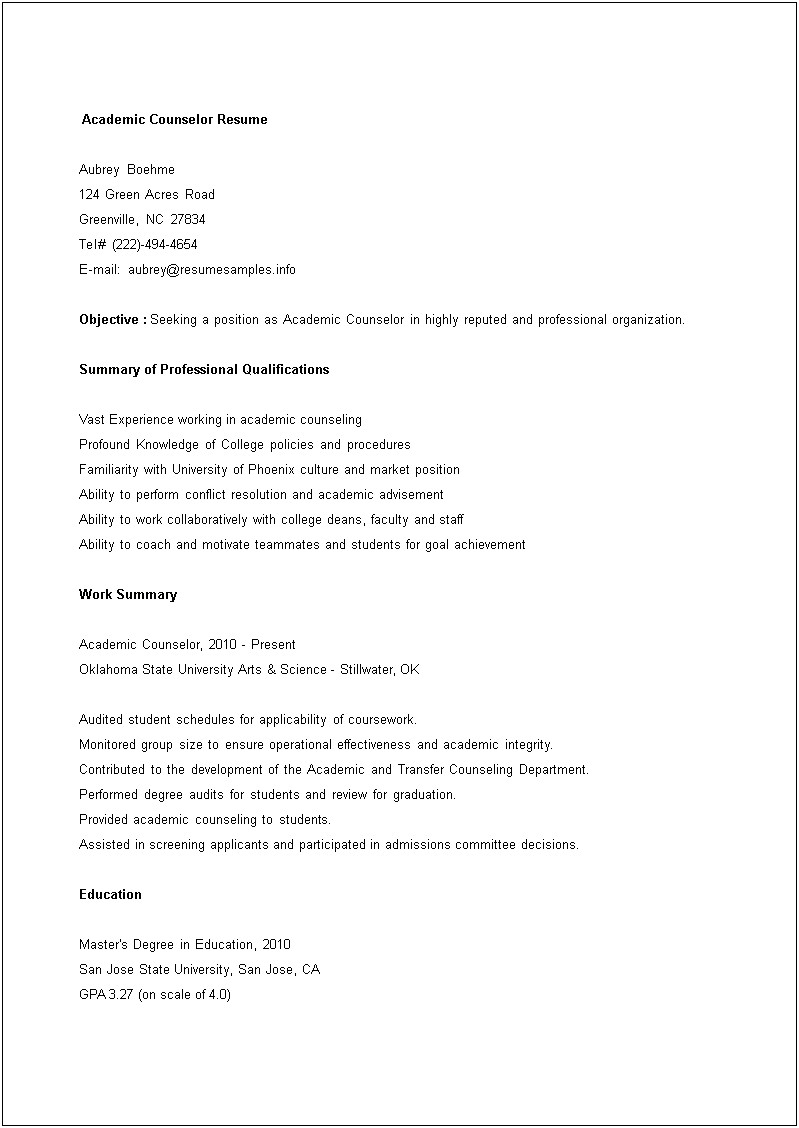 Sample Resume For College Counselor Position