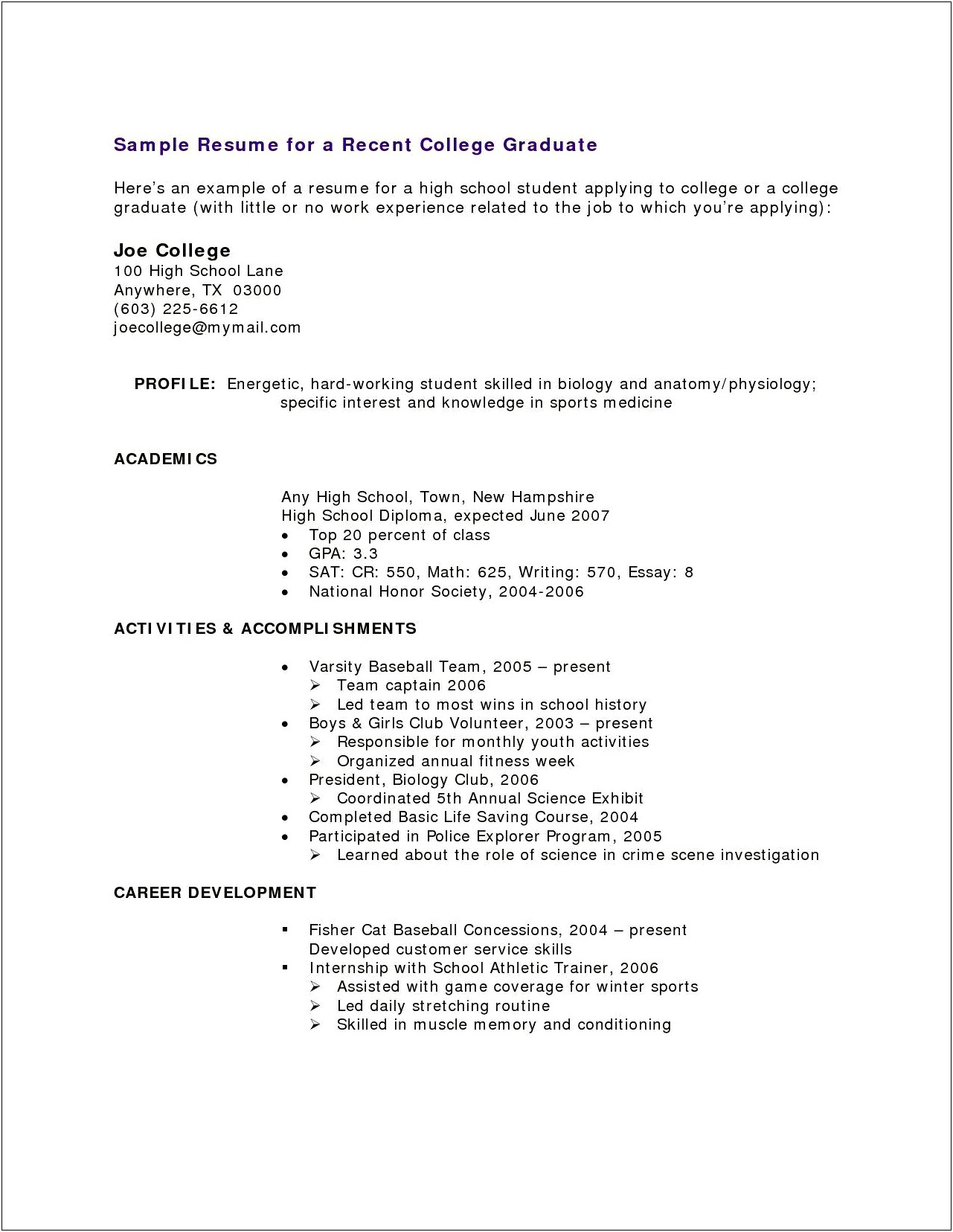 Sample Resume For College Graduates With No Experience