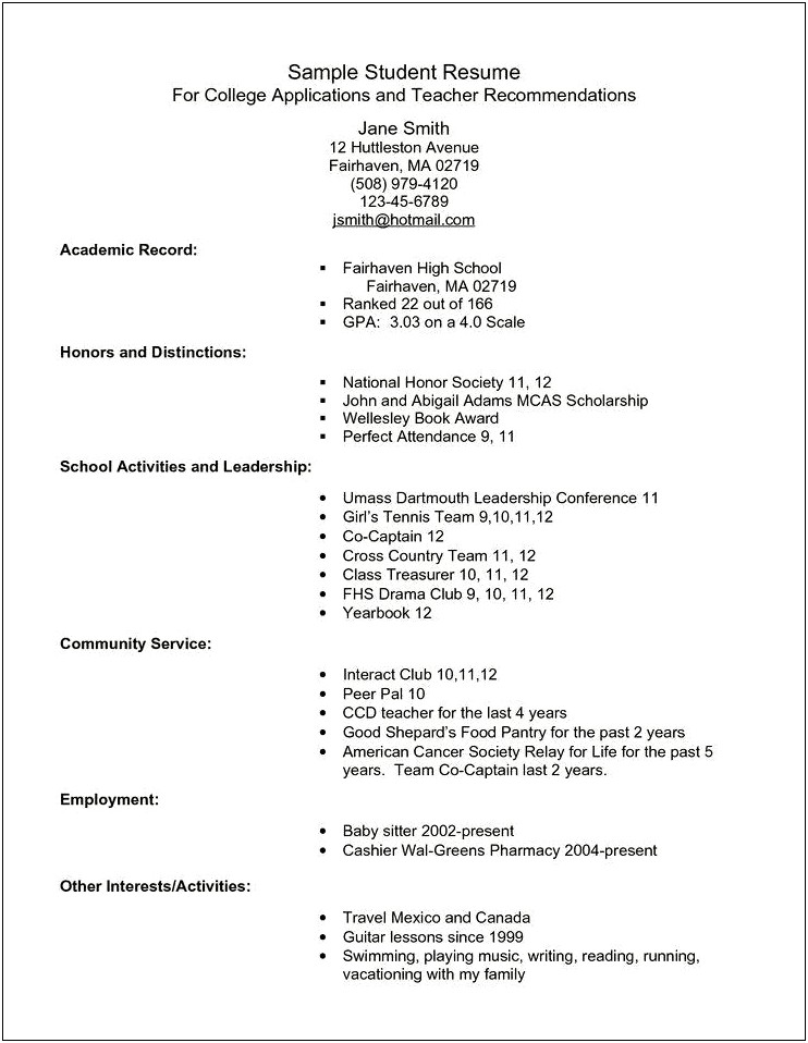 Sample Resume For College Music Application