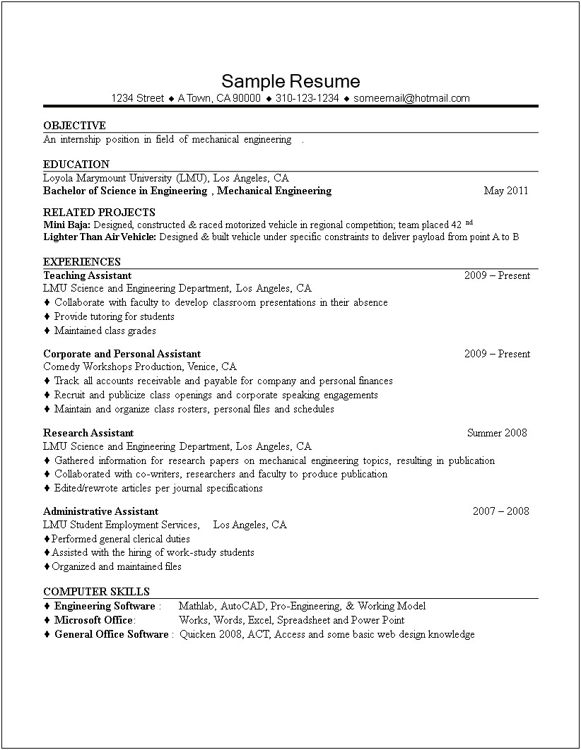 Sample Resume For College Student For Internship