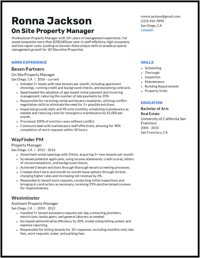 Sample Resume For Commercial Property Manager