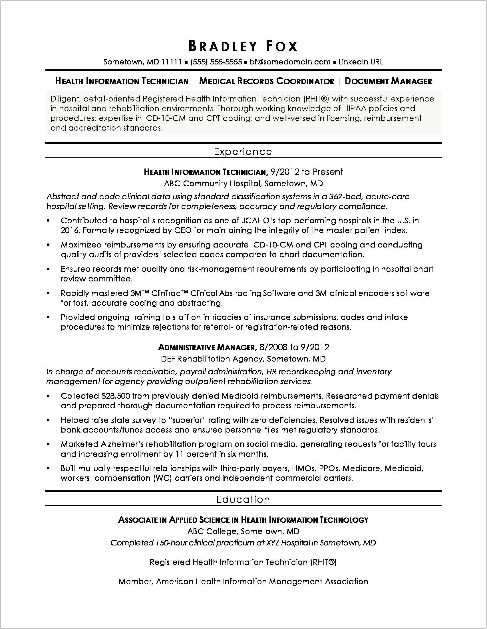 Sample Resume For Community Association Manager