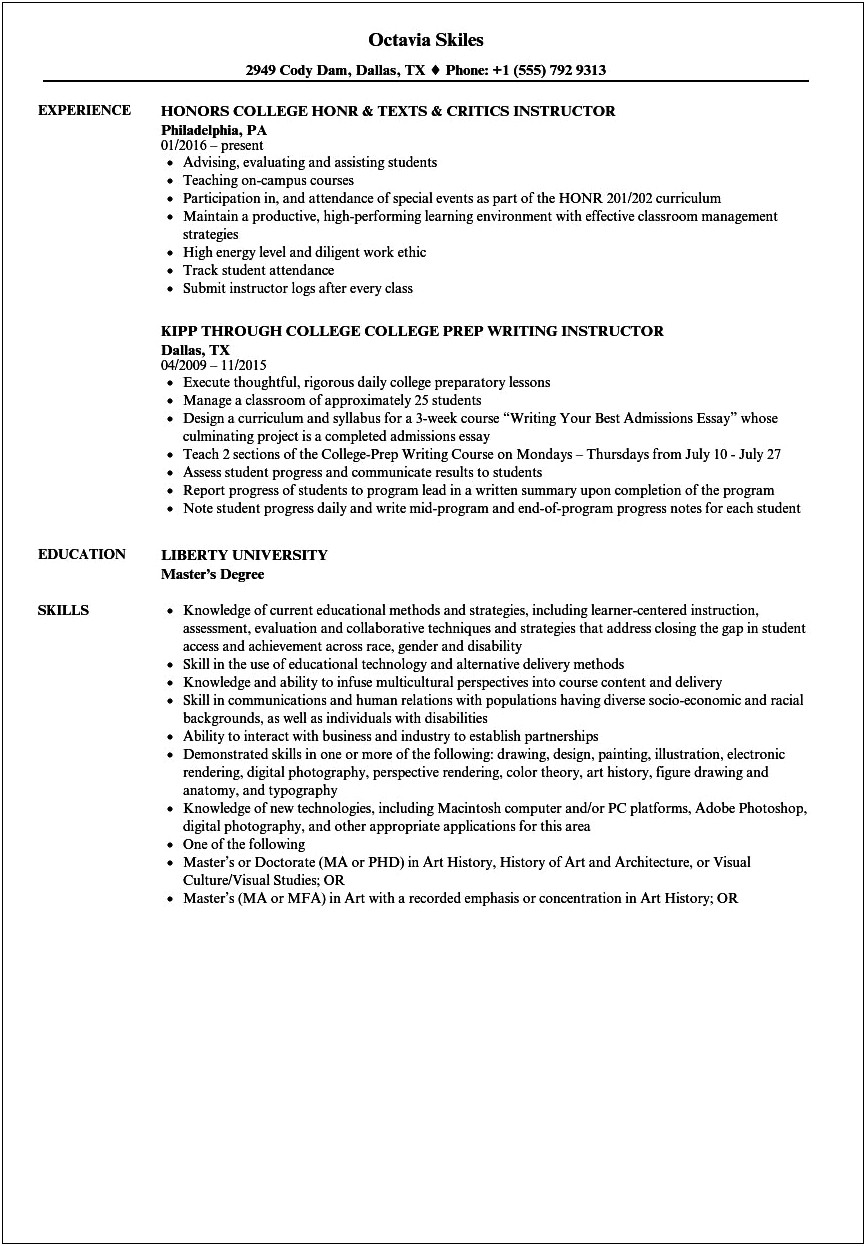 Sample Resume For Community College Teaching Position