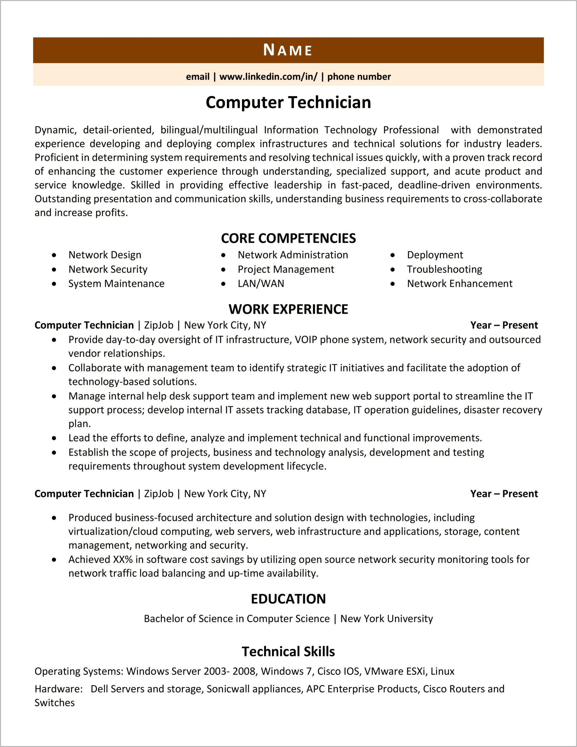 Sample Resume For Computer Repair Technician