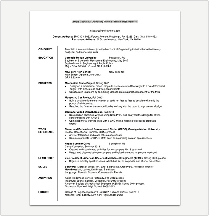 Sample Resume For Computer Science Engineering Students Freshers