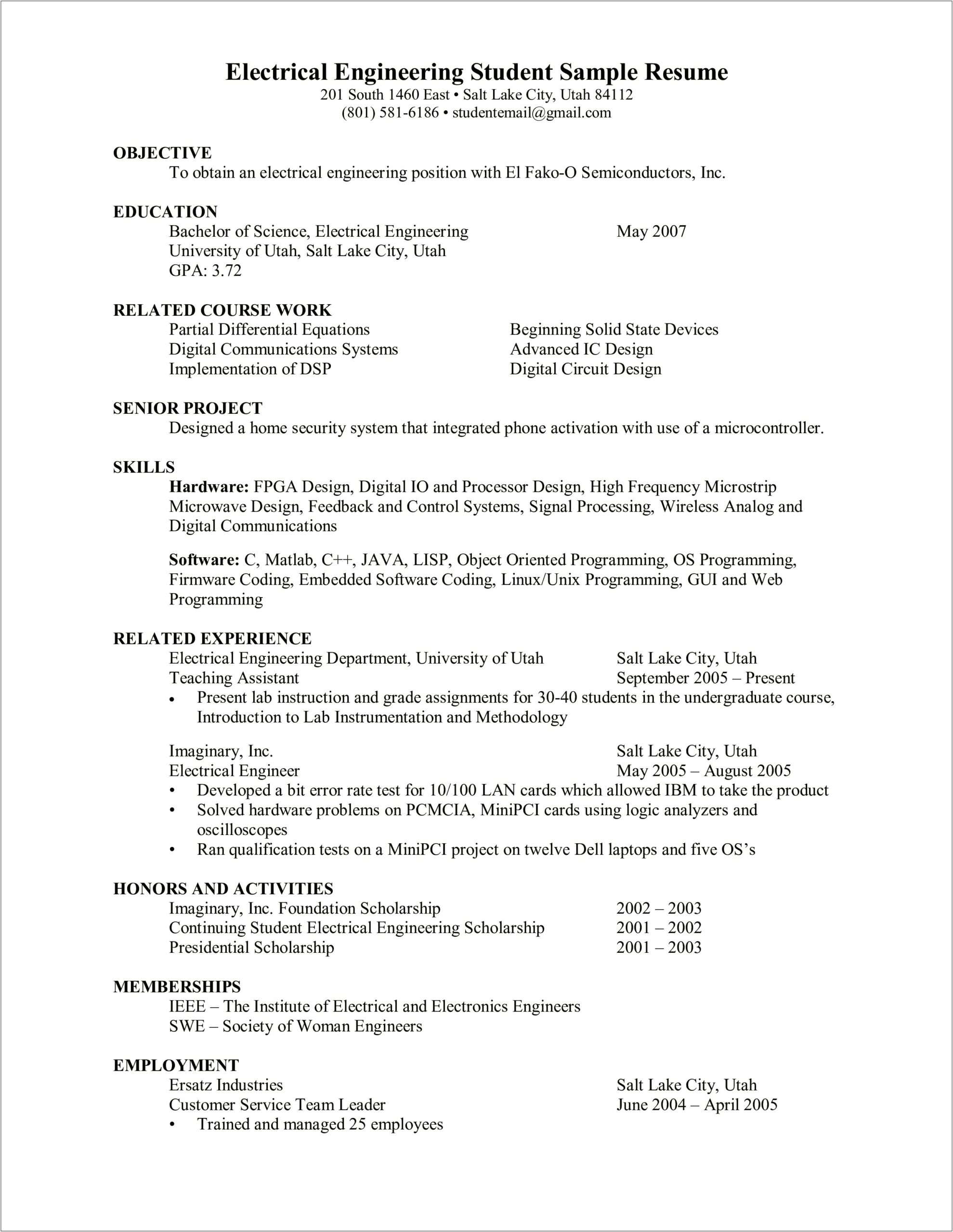 Sample Resume For Computer Science Student Fresher