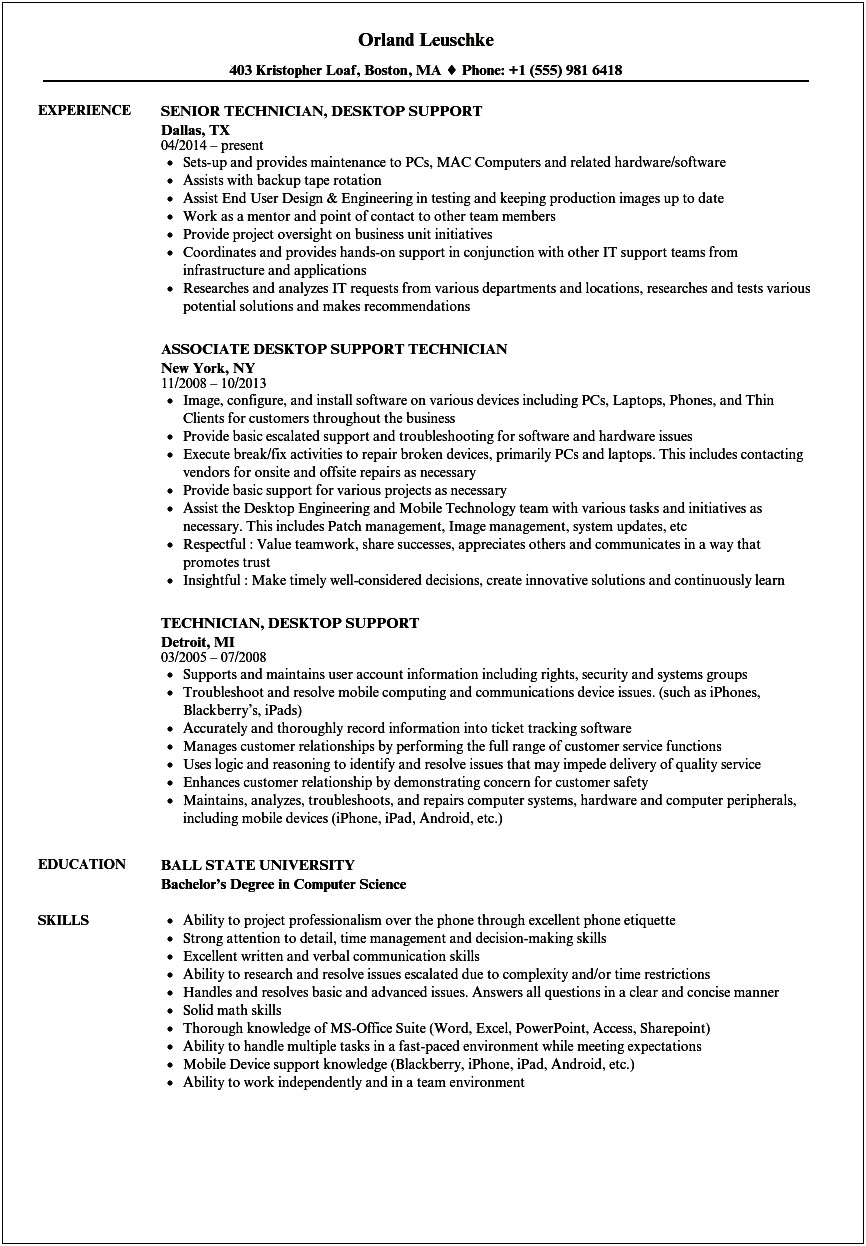 Sample Resume For Computer Support Technician