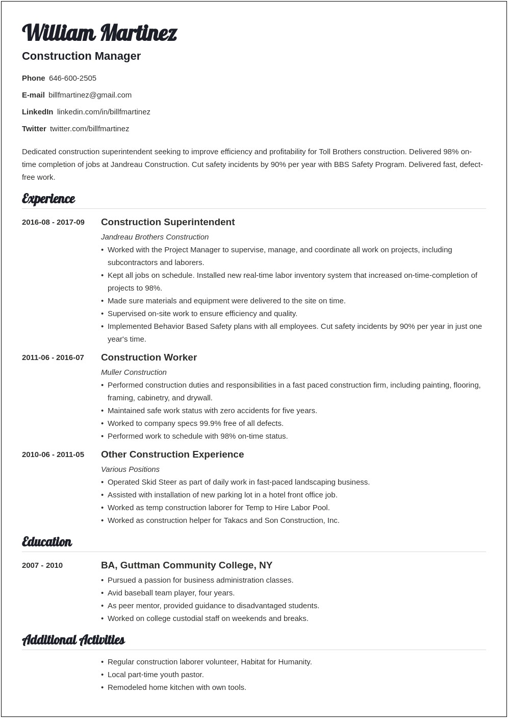 Sample Resume For Construction Company Owner