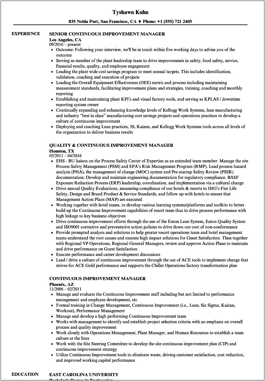 Sample Resume For Continuous Improvement Manager