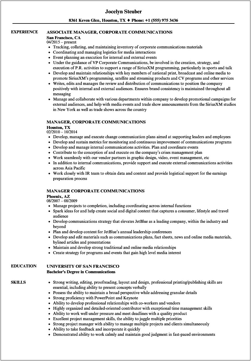 Sample Resume For Corporate Communications Officer