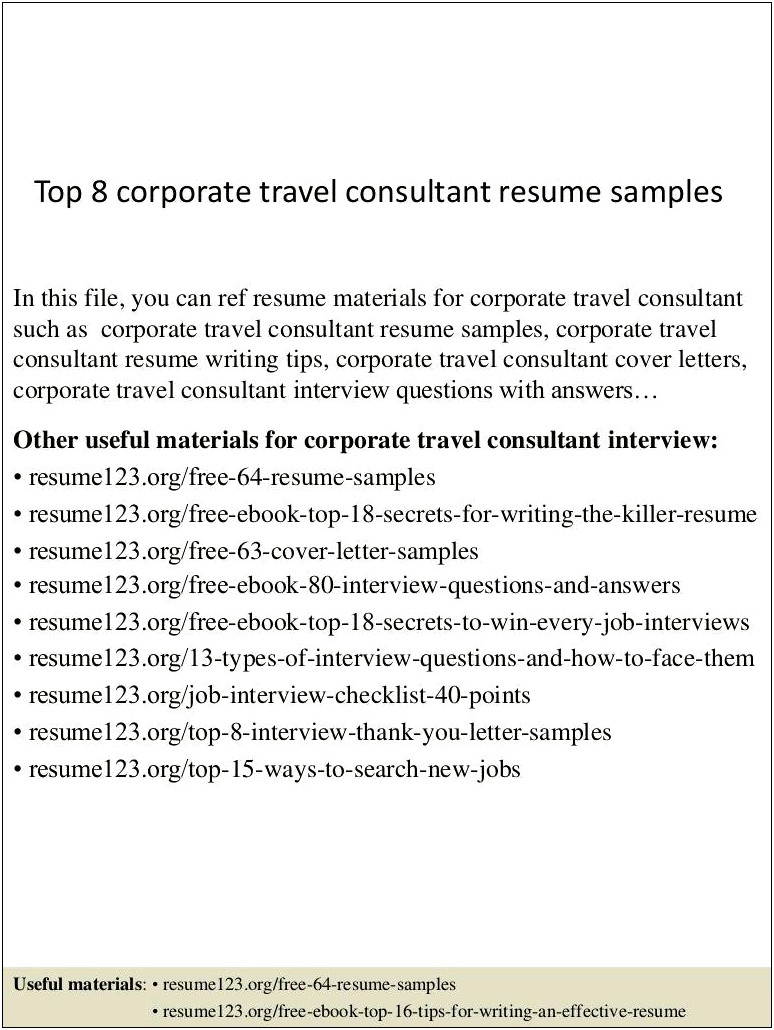 Sample Resume For Corporate Travel Consultant