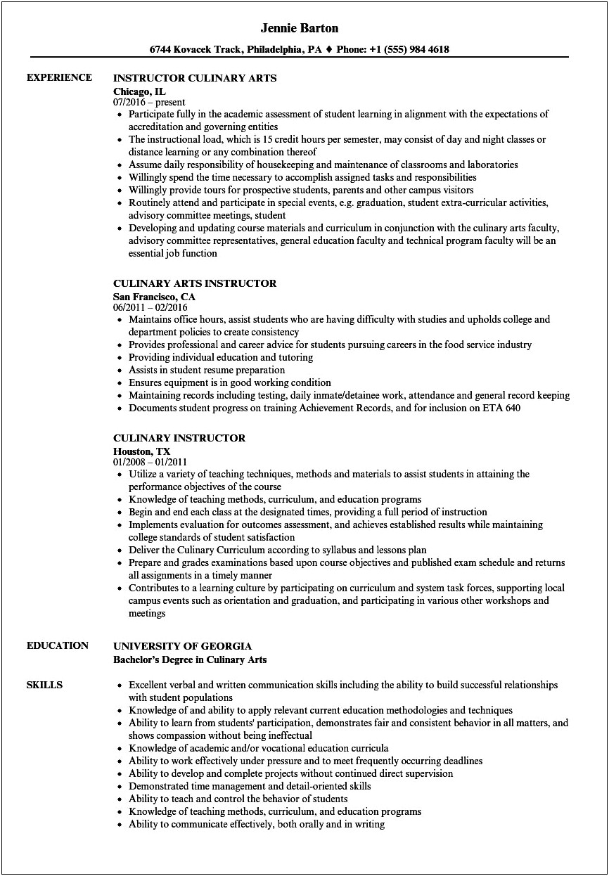 Sample Resume For Culinary Art Student