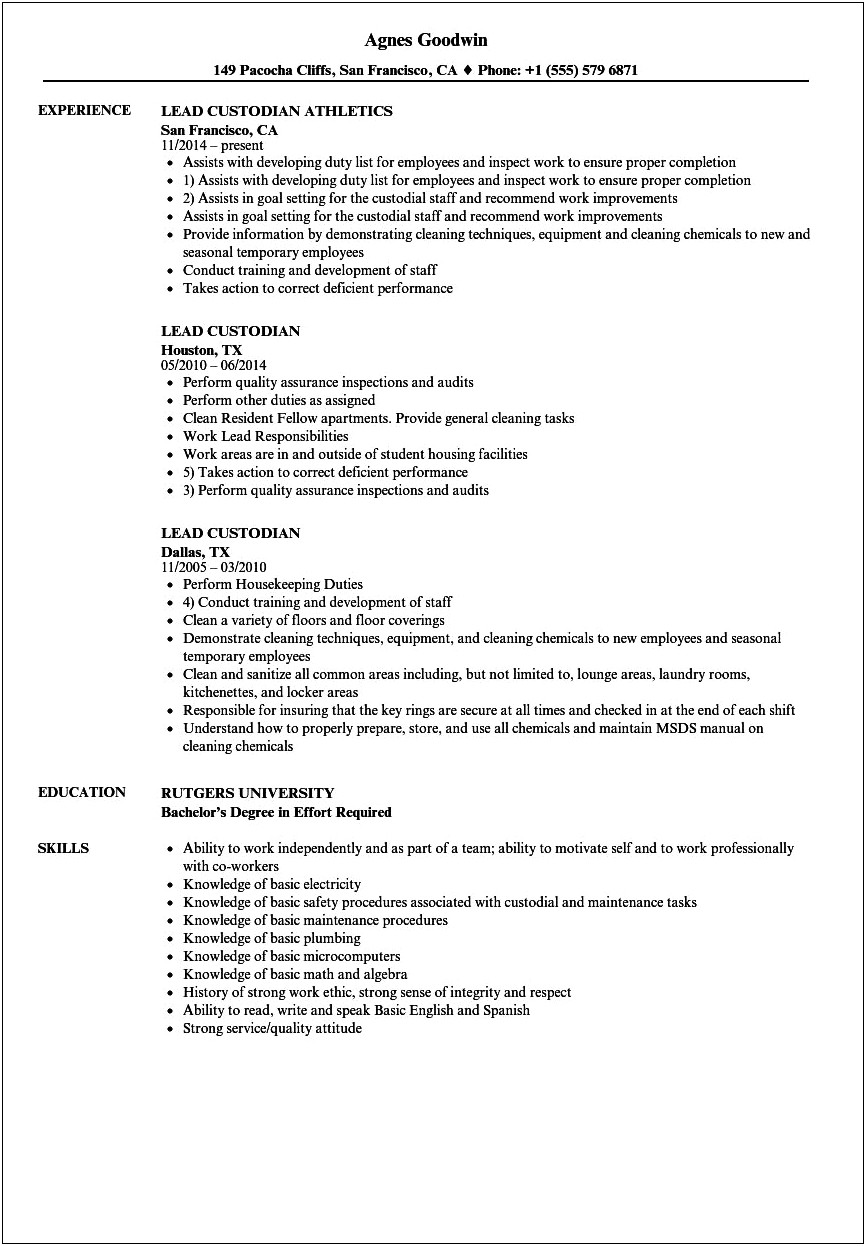 Sample Resume For Custodian With No Experience