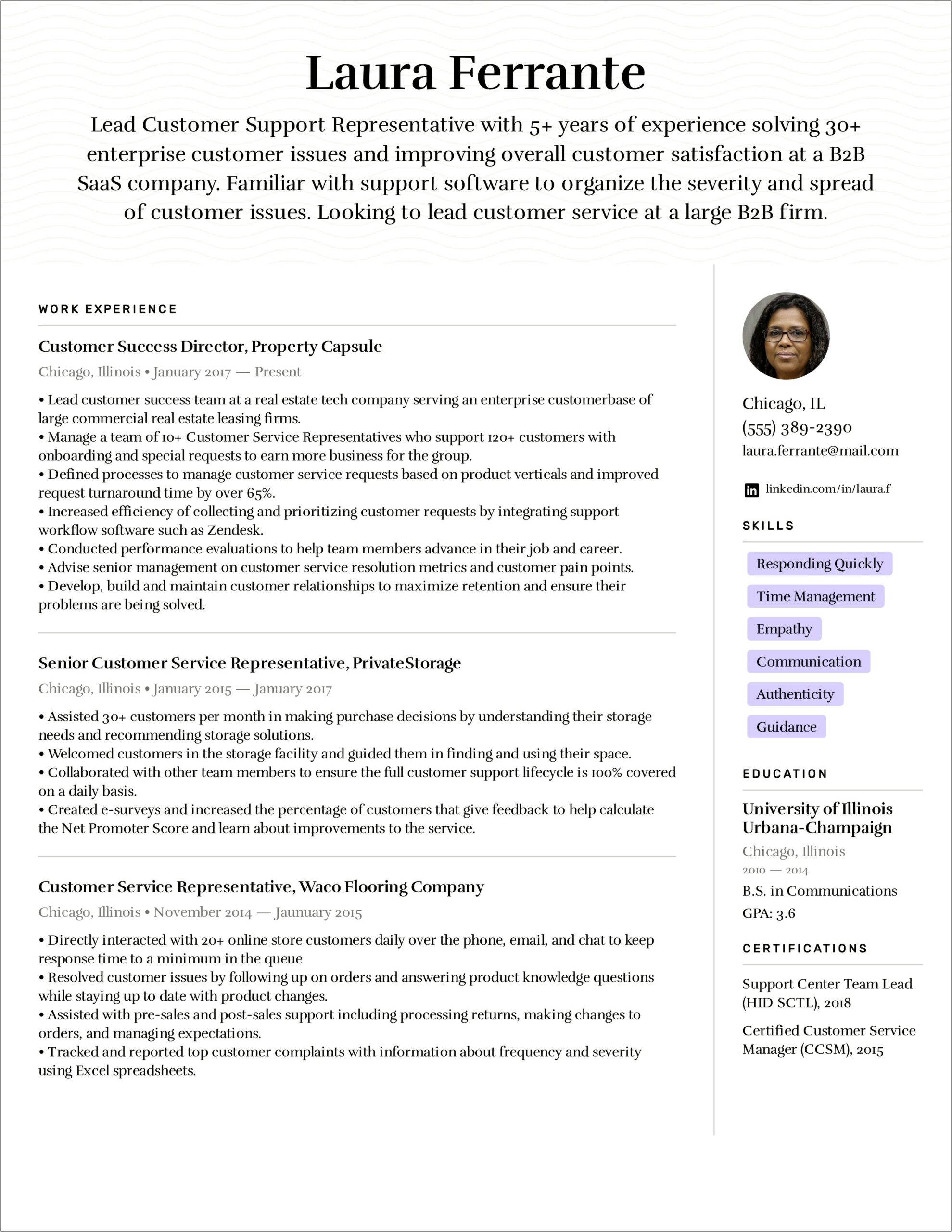 Sample Resume For Customer Service Position