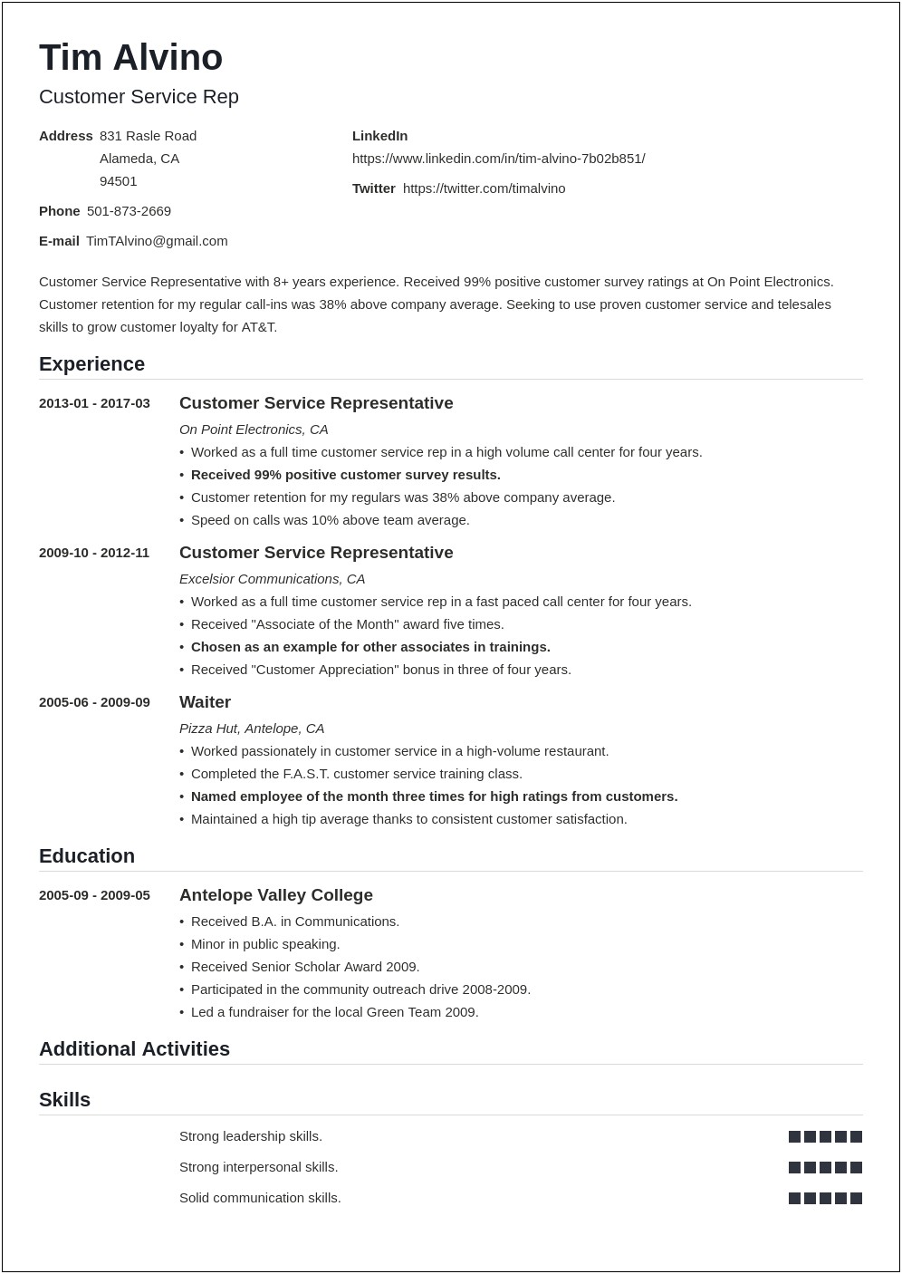 Sample Resume For Customer Service Representative Entry Level