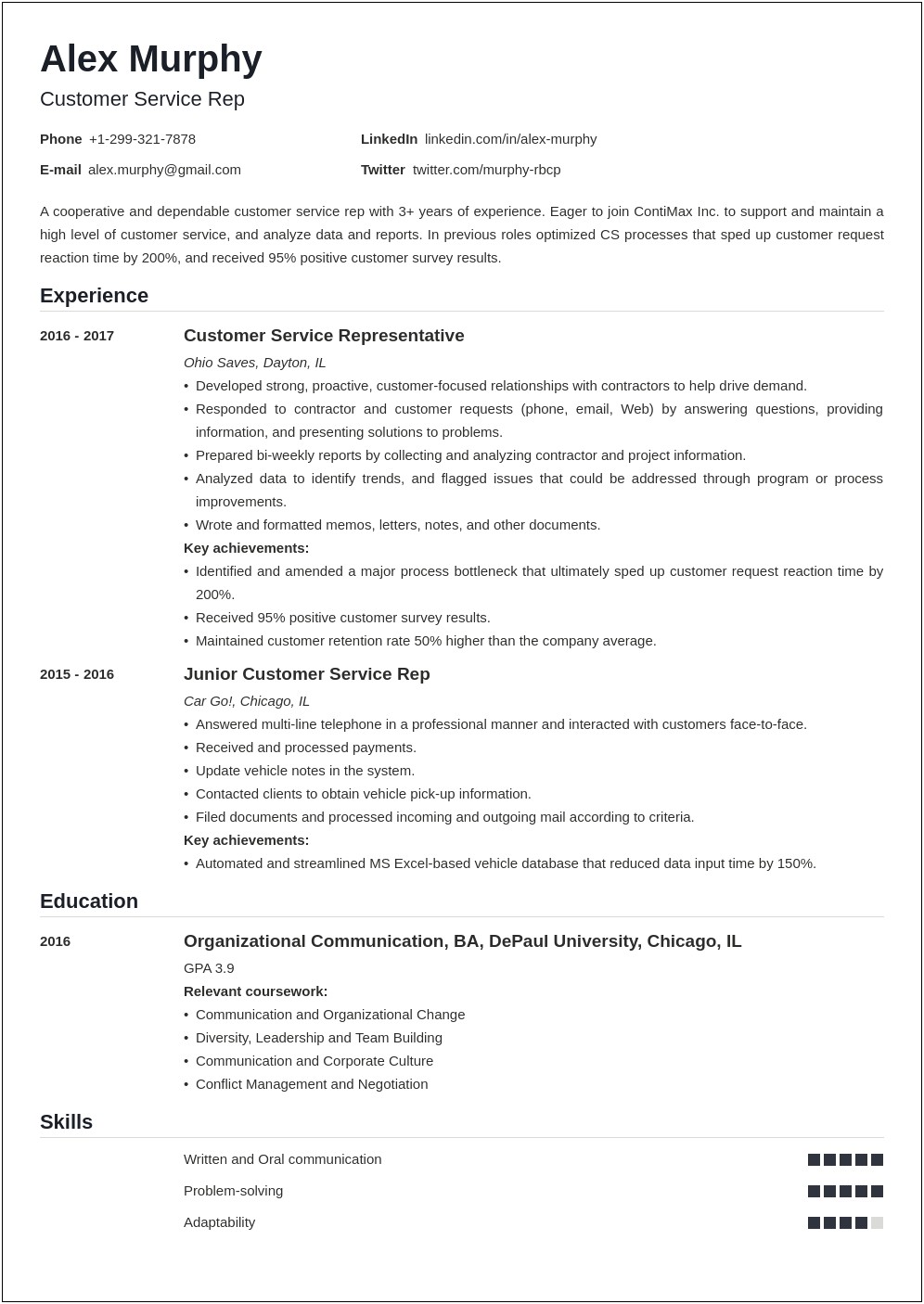 Sample Resume For Customer Service Representative With Experience