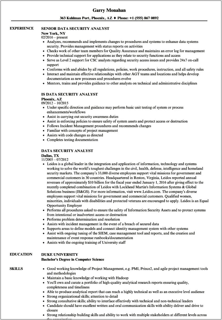 Sample Resume For Cyber Security Analyst